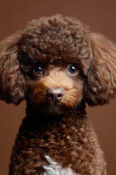 Curly brown dog, chocolate fur, ebony nose, natural look, cute expression, fluffy coat, pet portrait