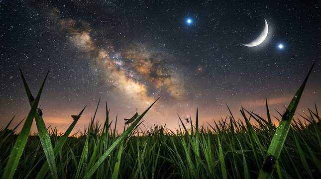 Milky way galaxy above a field of grass at night with crescent moon and stars