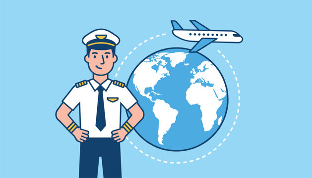 Friendly airline pilot character standing in uniform in front of a blue globe with a flying airplane orbit.