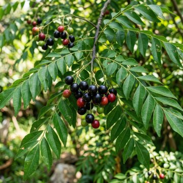 Curry Leaves Tree with Ripe Berries Fresh Aromatic Herbs Branch