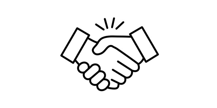 Black handshake icon showing agreement and partnership for professional business use.