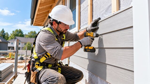 Contractor installing grey vinyl siding panels on residential house exterior with cordless drill tool.