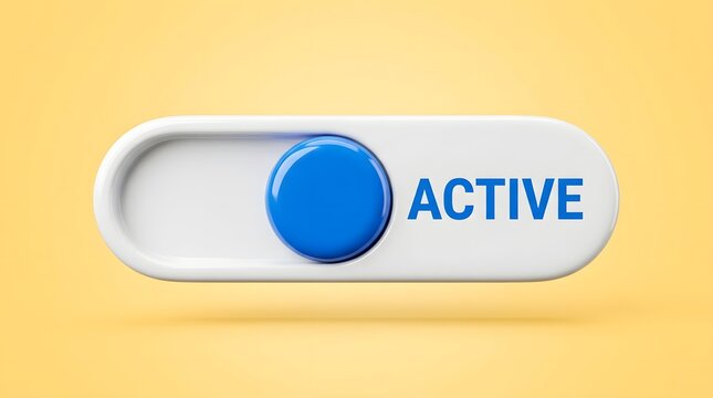 Blue toggle switch set to active on glossy white slider on yellow background