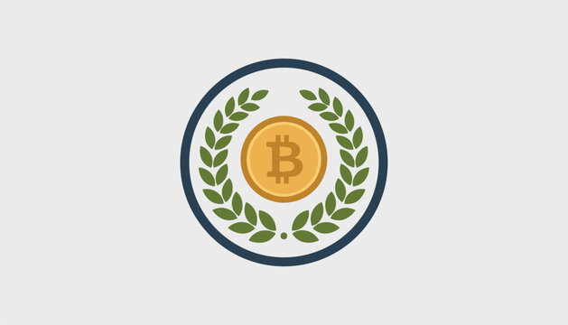 Golden bitcoin coin with classic laurel wreath on a light grey background represents digital currency success and financial triumph.