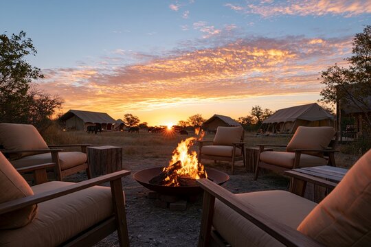 Safari campsite with canvas tents arranged around a crackling campfire under a vibrant sunset sky, wooden chairs with beige cushions surrounding the fire pit