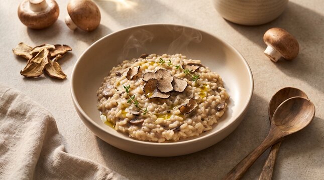 Delicious Homemade Truffle Mushroom Risotto in Warm Natural Window Light