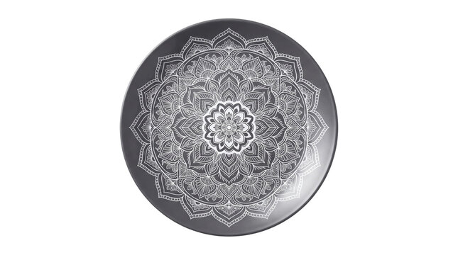 Mandala pattern grey ceramic plate, elegant circular porcelain dinnerware, decorative ornamental mandala dish for modern table setting isolated PNG with Transparent Background