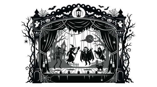 Spooky marionette theater performance featuring silhouette monster puppets hanging strings in scary haunted stage