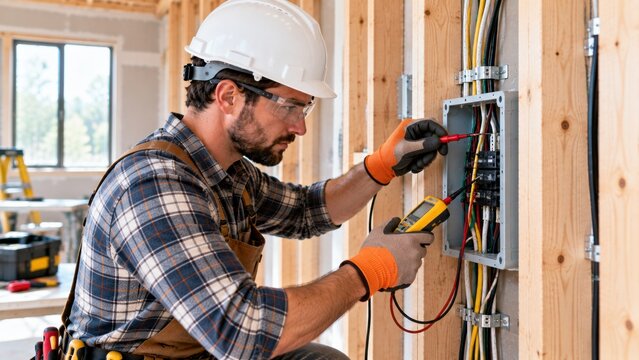 Electrician checking electrical voltage inside distribution board using digital multimeter equipment.