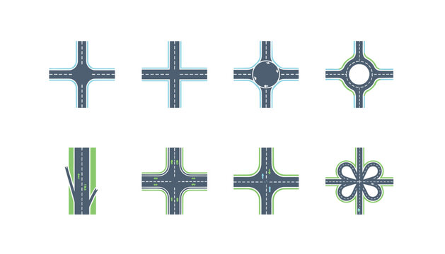 Graphic set of various road intersections and highway layouts including roundabouts, crossroads, and cloverleaf structures.