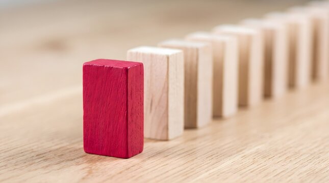 Red wooden block standing out from a row of plain wooden dominoes. Concept of business leadership, and competitive advantage.