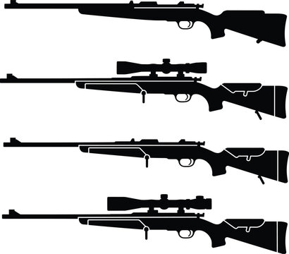 Hunting rifle silhouette icons set, military sniper weapon vector graphic illustration design