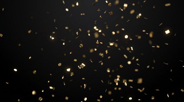 Elegant golden confetti gently falling through the air against a dark black background, creating a luxurious festive atmosphere for New Year, celebration and premium advertising designs.