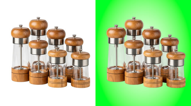 Wooden handled pepper grinders set on green background
