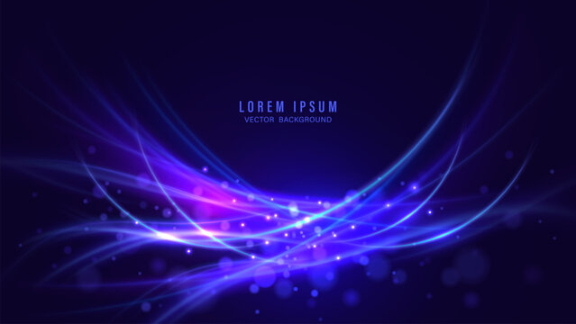 Abstract neon light wave vector background with glowing curves and bokeh effect