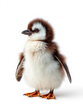Furry penguin chick stands on white background, fluffy feathers ruffled, standing, curiosity