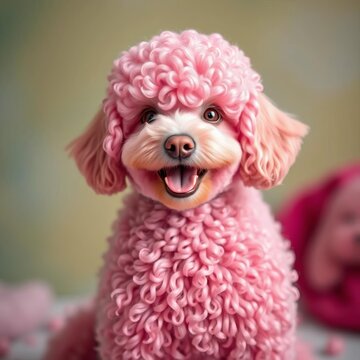 Furry pink poodle with curly coat and happy expression, pets, companions