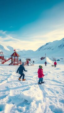 Frozen landscape transformed into a playground for kids to frolic and make memories, || winter, fun