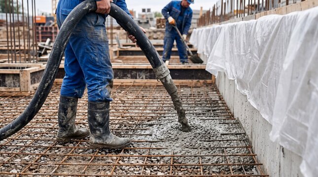 Construction worker pouring wet concrete from pump hose onto steel rebar foundation mesh. Builder laying solid base during building ground slab development at industrial site.
