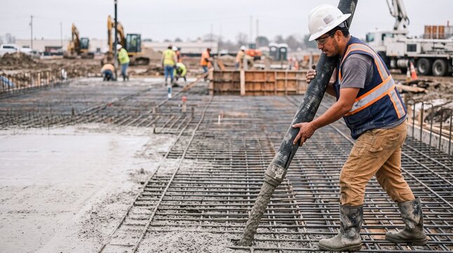Construction worker pouring wet concrete through pump hose onto reinforced steel rebar. Hispanic laborer operating pipeline during commercial foundation building development.