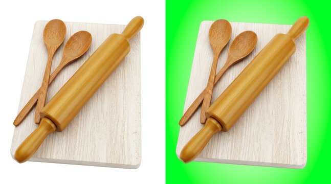 Wooden rolling pin and spoons on light chopping board