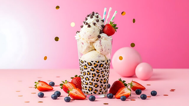 Creamy vanilla ice cream scoops decorated with chocolate chips, fresh strawberries and festive striped straws