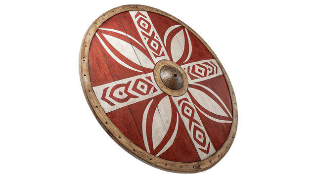 Traditional round African warrior shield with geometric red and brown patterns isolated on transparent background