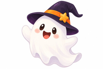 Fototapeta premium Cute Halloween ghost with purple witch hat and star