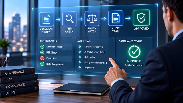 Automated compliance workflow dashboard for document review risk screening policy matching audit trails and approval
