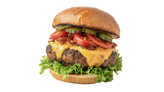 Delicious juicy classic double cheeseburger hamburger with fresh lettuce cheese tomato isolated on transparent background