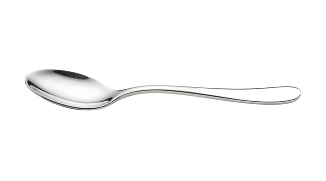 Small teaspoon with a polished oval bowl, slim ergonomic handle and clean reflective metal surface, photorealistic, front 3/4 view, horizontal orientation, ultra-high-resolution 8K product