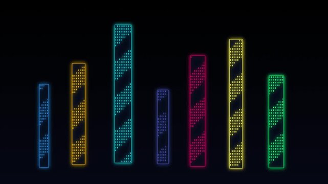 Digital bar graph with neon binary code animation on black background.