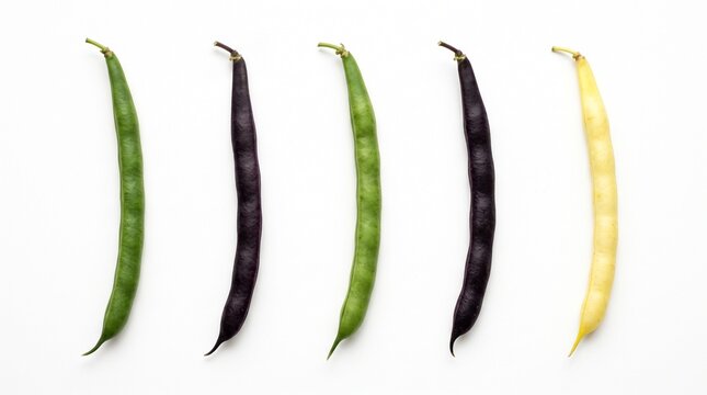 Colorful fresh string beans arranged in neat row sequence isolated on white background