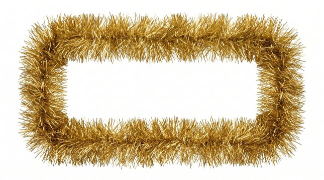 Shiny golden tinsel frame arranged in rectangular shape for winter holiday celebration on white background