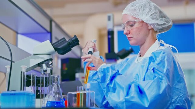 Focused female laboratory technician using a micropipette to transfer a liquid sample into a test tube for analysis, surrounded by scientific equipment and colorful chemical solutions
