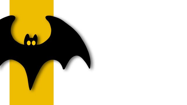 Animated Halloween black bat with glowing yellow eyes background with copy space.