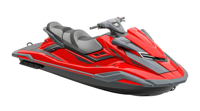 Red and gray jet ski with streamlined personal-watercraft body, sculpted saddle, ergonomic handlebars, angular hull, and sporty modern marine styling. Photorealistic, front 3/4 view, horizontal