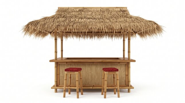 Tiki bar made of bamboo with two matching stools rendered with studio lighting on white background