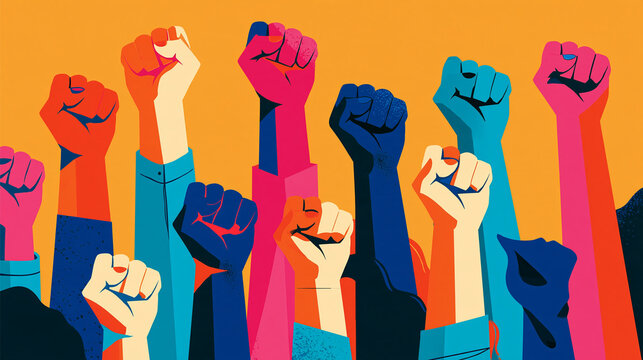 Diverse group of people raising their fists in a powerful demonstration of unity and solidarity, representing a collective movement for change, protest, and social justice