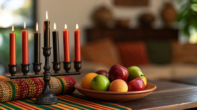 Kinara with mishumaa saba candles lit, representing the seven principles of kwanzaa, alongside a bowl of fresh fruit on an african kente cloth, symbolizing umoja and nia