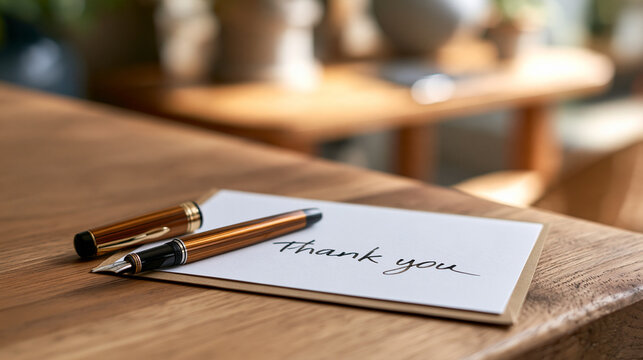 Fountain pen atop a handwritten thank you note on a wooden desk, warm light highlighting elegant script that conveys sincere gratitude, personal connection, and appreciation