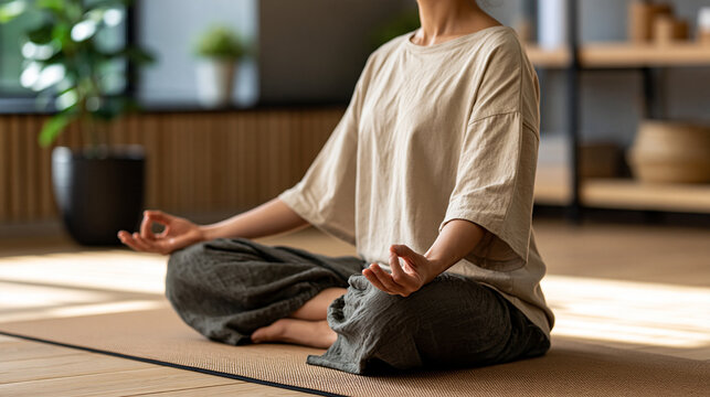 Woman meditating in lotus position at home, practicing yoga for spiritual balance, inner peace, mindfulness, and relaxation on a mat in a modern zen space