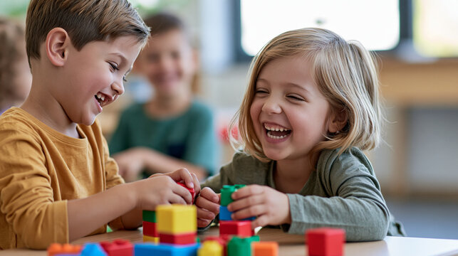 Young boy and girl laughing while building colorful toy blocks, sharing fun and happiness during playtime, learning, and developing friendship in early childhood education