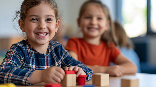 Happy little girl laughing and smiling, playing with building blocks in a bright classroom, enjoying childhood fun and educational activities in preschool