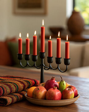 Kwanzaa kinara with seven glowing mishumaa saba candles on a wooden table beside a fruit bowl of pomegranates, apples, oranges and pear, symbolizing harvest, unity and heritage