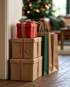 Christmas presents and shopping bags are neatly arranged on a wooden floor, creating an inviting scene in a cozy home environment during the festive holiday season