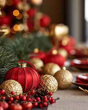 Christmas table setting featuring red and gold baubles, pine branches, holly berries, and a pine cone, creating a festive holiday atmosphere with blurred bokeh lights