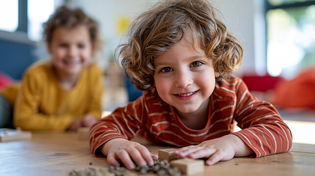 Smiling young boy with curly hair playing on the floor at kindergarten, enjoying childhood and learning playfully with a friend in background
