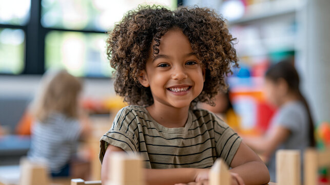 Young preschool girl with beautiful curly hair smiling, looking at the camera, celebrating childhood happiness and the joy of learning in a busy classroom environment
