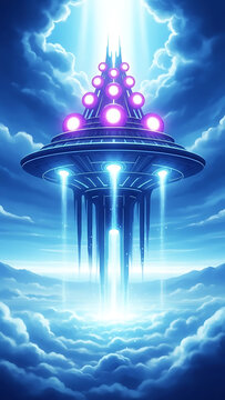 Futuristic alien spacecraft with glowing purple lights hovering elegantly above thick blue clouds during daylight hours